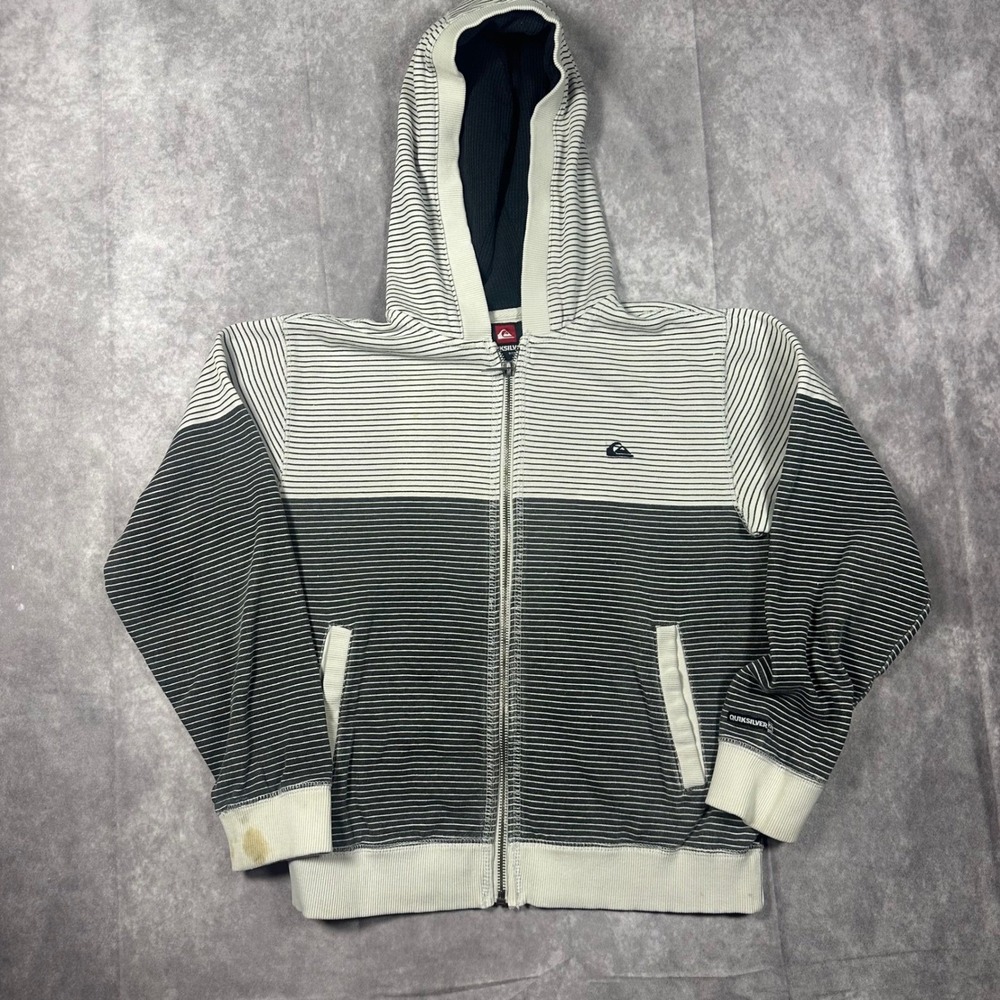 Quiksilver Boys Full Zip Hoodie Size Small 8-10 Gray White Striped Surf Logo